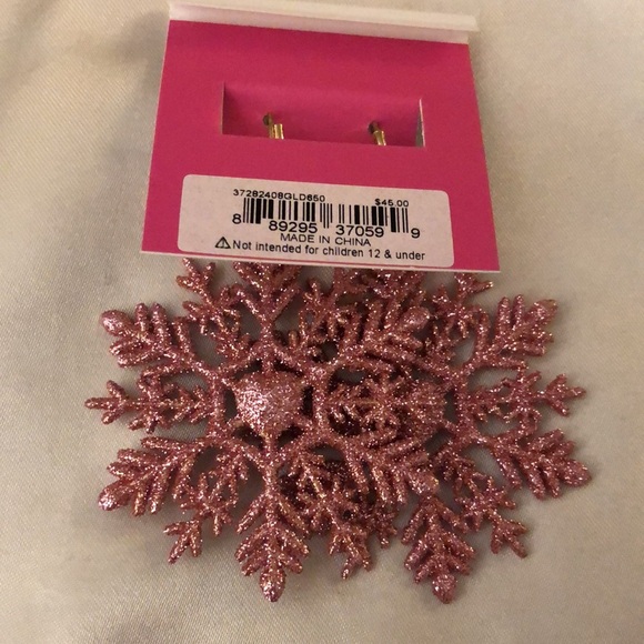 Betsey Johnson Gold Tone & Pink Glitter Snowflake Drop Earrings Crystal Accents - Picture 10 of 12